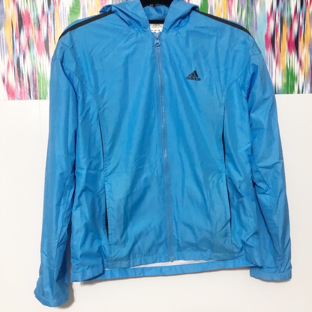 Adidas blue full zip windbreaker track jacket hood
